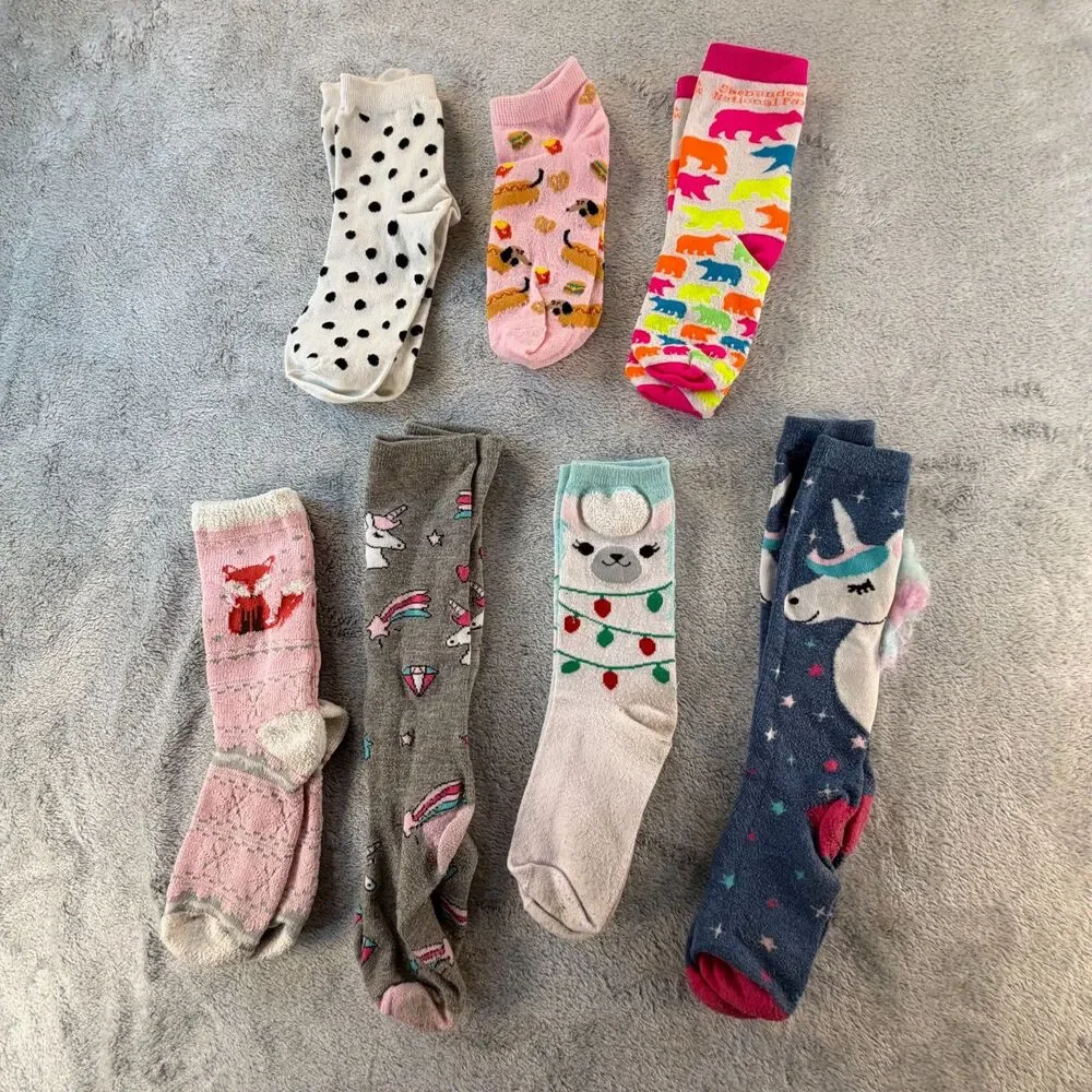 Girls Novelty Sock Lot 7 Pairs Unicorn Llama Fox Knee High Crew Cute Mixed